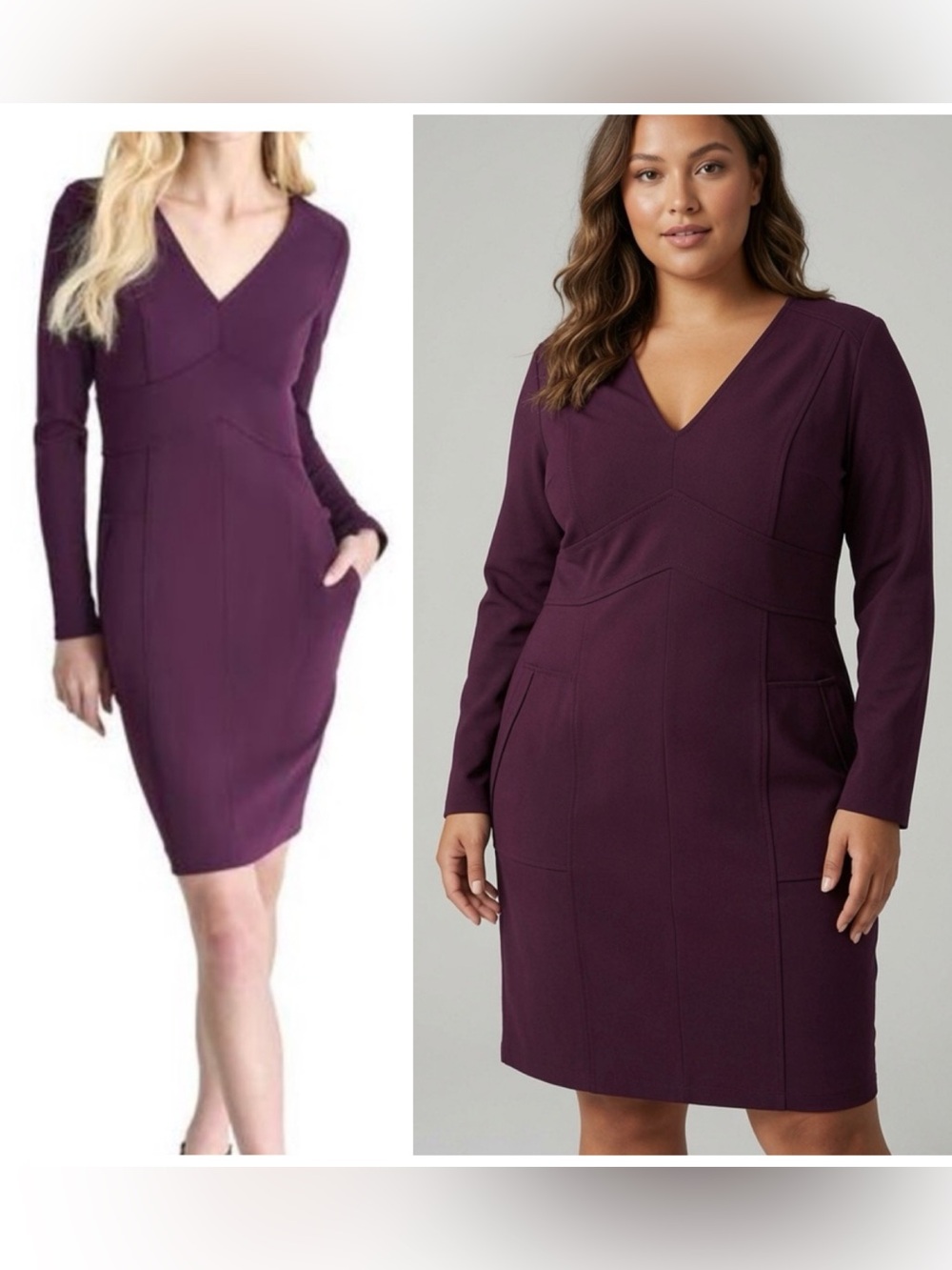 dark purple DKNY long-sleeve sheath dress V-neck front pocket sz 14 career weddi